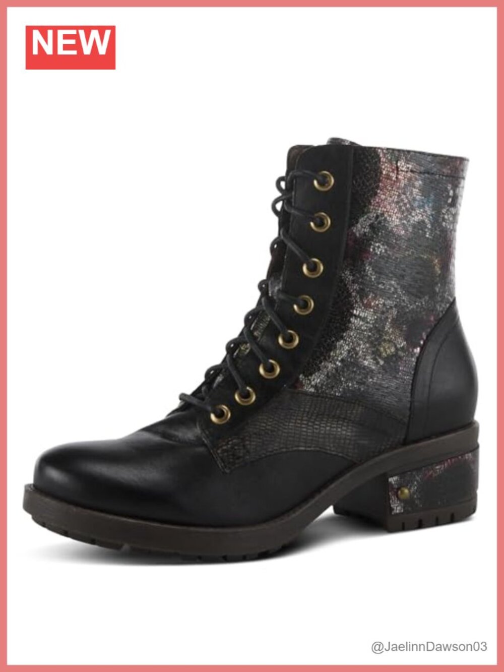 Women's Metallic Floral Ankle Boots Hand Painted Faux Leather Lace Up